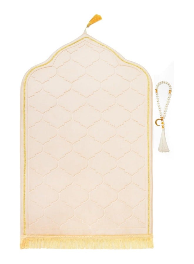 Premium Velvet Prayer Mat Set: Thick Memory Foam with Anti-Slip Bottom, with 33-Bead Tasbih & Pouch, Traditional Arch Design for Muslim Prayers, Portable Janamaz for Home/Travel,  Ideal Gift for Men, Women, Family & Friends  - Image 1