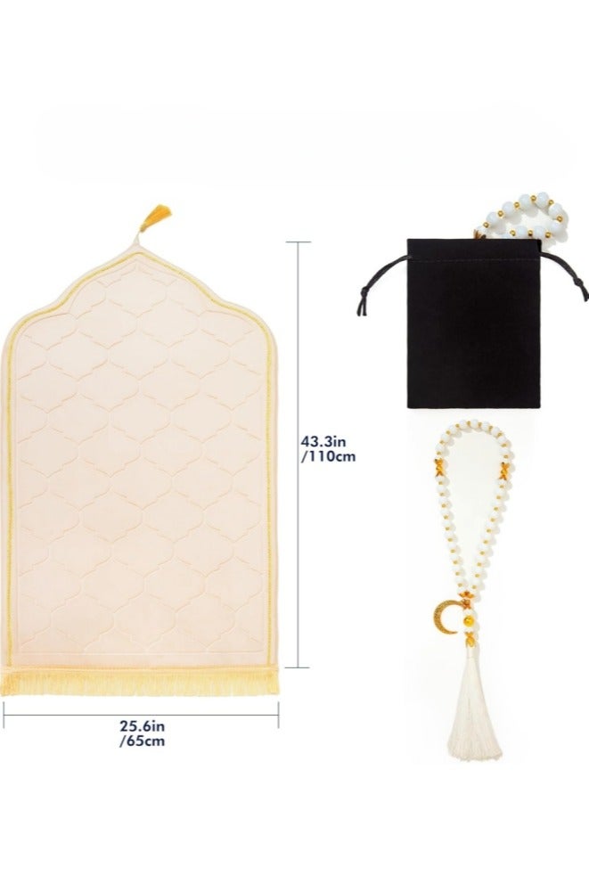 Premium Velvet Prayer Mat Set: Thick Memory Foam with Anti-Slip Bottom, with 33-Bead Tasbih & Pouch, Traditional Arch Design for Muslim Prayers, Portable Janamaz for Home/Travel,  Ideal Gift for Men, Women, Family & Friends  - Image 4