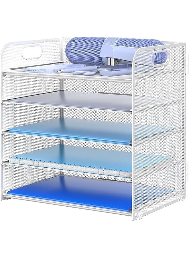 HOOKOR Letter Tray Paper Organizer 5-Tier Desk Organizer File Organizer Paper Holder with Handle, Metal Desktop Document Shelf Tray Office Classroom Organization (White) - Image 1