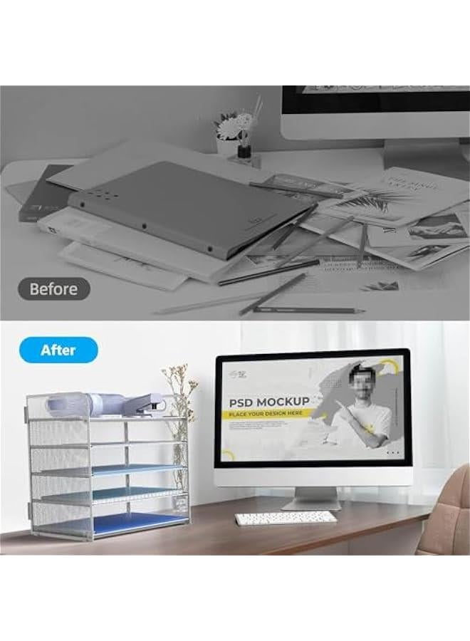 HOOKOR Letter Tray Paper Organizer 5-Tier Desk Organizer File Organizer Paper Holder with Handle, Metal Desktop Document Shelf Tray Office Classroom Organization (White) - Image 3