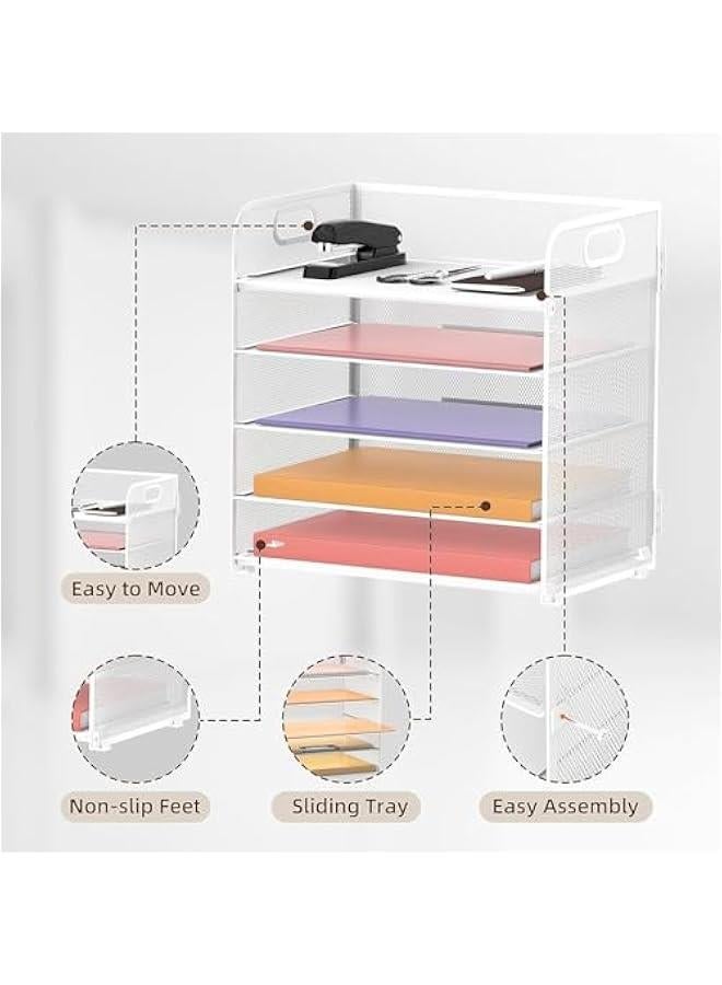 HOOKOR Letter Tray Paper Organizer 5-Tier Desk Organizer File Organizer Paper Holder with Handle, Metal Desktop Document Shelf Tray Office Classroom Organization (White) - Image 4