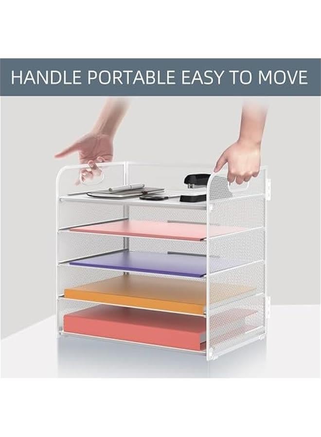 HOOKOR Letter Tray Paper Organizer 5-Tier Desk Organizer File Organizer Paper Holder with Handle, Metal Desktop Document Shelf Tray Office Classroom Organization (White) - Image 5