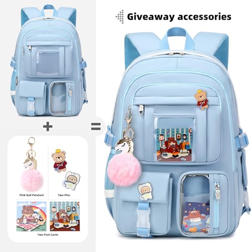 LXYGD Backpack for Girls with Accessories Laptop Bookbags 16 Inch Kawaii Kids Elementary Middle High School Bag College Travel Daypack Gifts for Teens Women Students (Blue) - Image 3