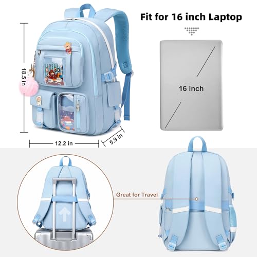 LXYGD Backpack for Girls with Accessories Laptop Bookbags 16 Inch Kawaii Kids Elementary Middle High School Bag College Travel Daypack Gifts for Teens Women Students (Blue) - Image 5