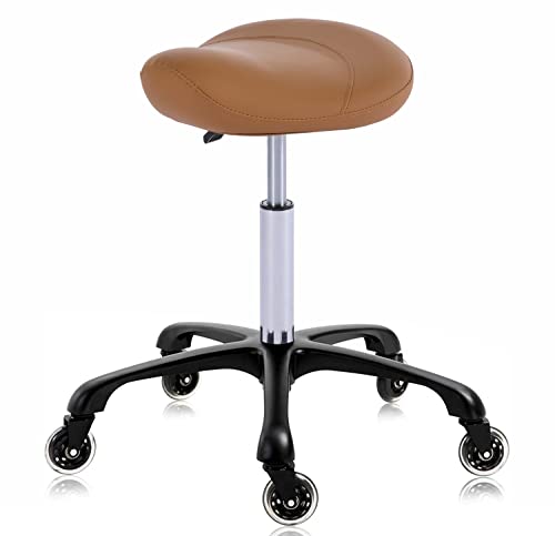 Syiole Hydraulic Saddle Stool with Wheels Height Adjustable Stylish Ergonomic Rolling Swivel Chair for Hygienic Clinic Salon Tatoo Massage Office Camel - Image 2