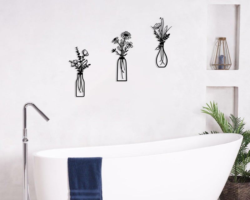Pigort 3 Pieces Metal Flowers Wall Arts - Rustic Farmhouse Decor Black Minimalist Flower Wall Decors for Living room Bathroom Bedroom Dining Room - Housewarming Gifts(Black, Vase-C) - Image 5