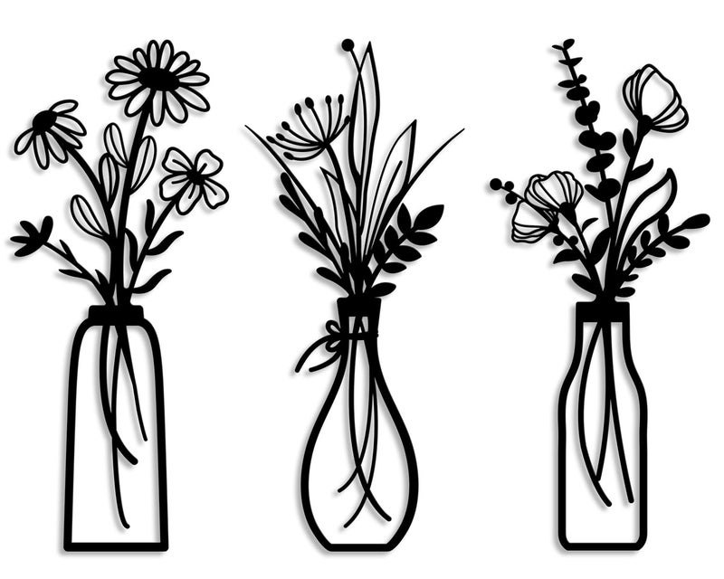 Pigort 3 Pieces Metal Flowers Wall Arts - Rustic Farmhouse Decor Black Minimalist Flower Wall Decors for Living room Bathroom Bedroom Dining Room - Housewarming Gifts(Black, Vase-C) - Image 1