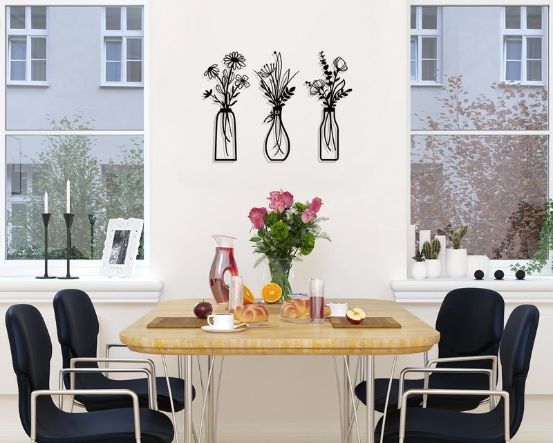 Pigort 3 Pieces Metal Flowers Wall Arts - Rustic Farmhouse Decor Black Minimalist Flower Wall Decors for Living room Bathroom Bedroom Dining Room - Housewarming Gifts(Black, Vase-C) - Image 3