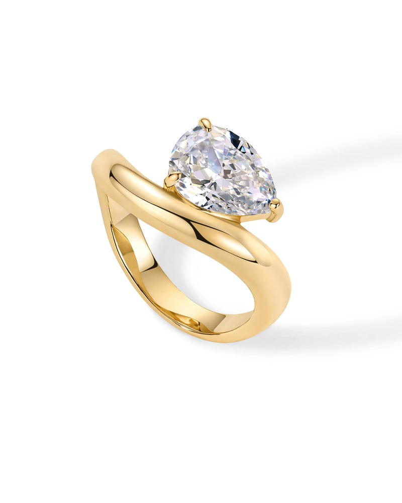 PAVOI 14K Yellow Gold Plated Pear Solitaire Premium Cubic Zirconia Engagement Ring for Women - Trendy Fake Wedding Wavy Band Promise Ring - Size 8 - Image 3