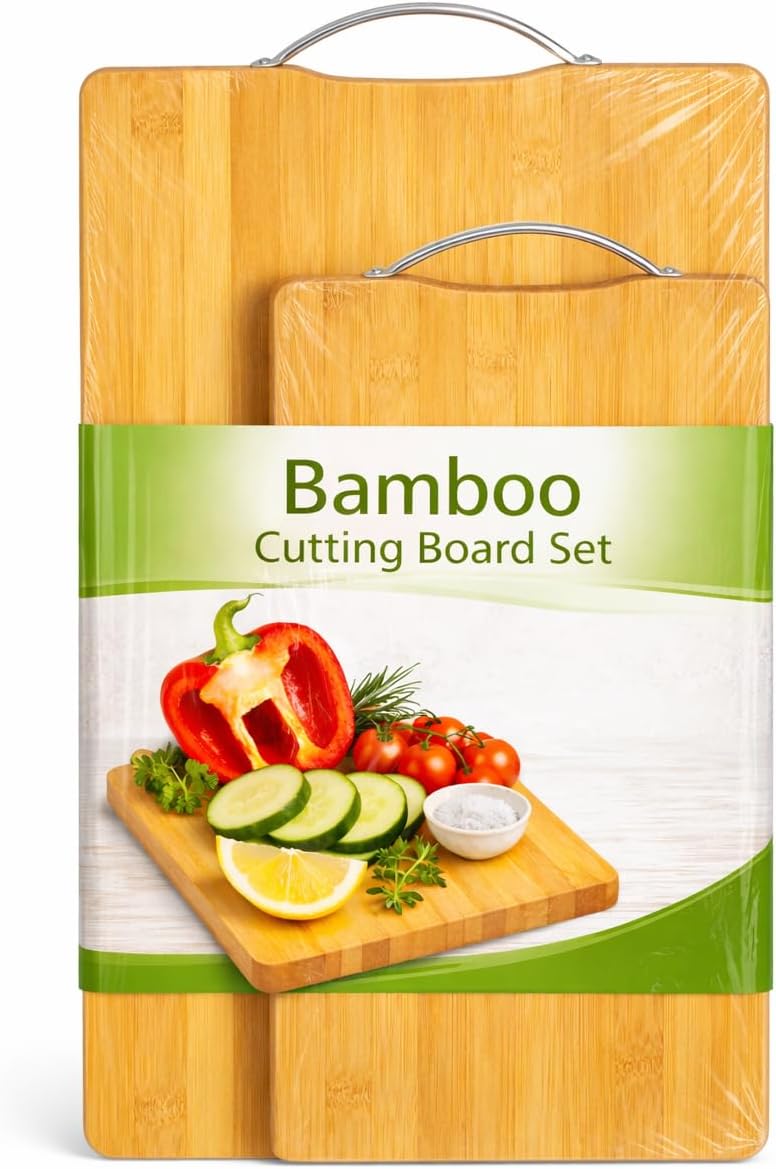 UREVO Bamboo Cutting Board Set - 2 Sizes with Handle, Non-Slip for Meat, Cheese, Fruits & Bread - Image 1