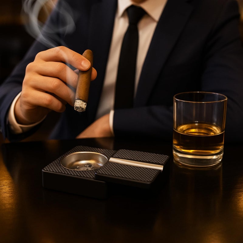 Bey-Berk Single Cigar Ashtray with Compact, Swivel Design 4"x4"x1.75" (LxWxH) Solid Wood Cigar Ashtray with Stainless Steel Tray, Luxury Cigar Ashtrays for Outdoors, Travel and Indoor Use - Black - Image 5