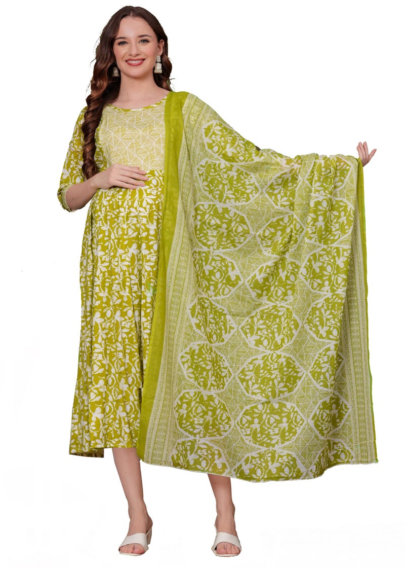 SKY FAB Women Viscose Rayon Maternity and Feeding Dress Kurta with Dupatta and Zipper - Light Green Floral Pattern, 3/4 Sleeves, Comfortable Fit - Image 1
