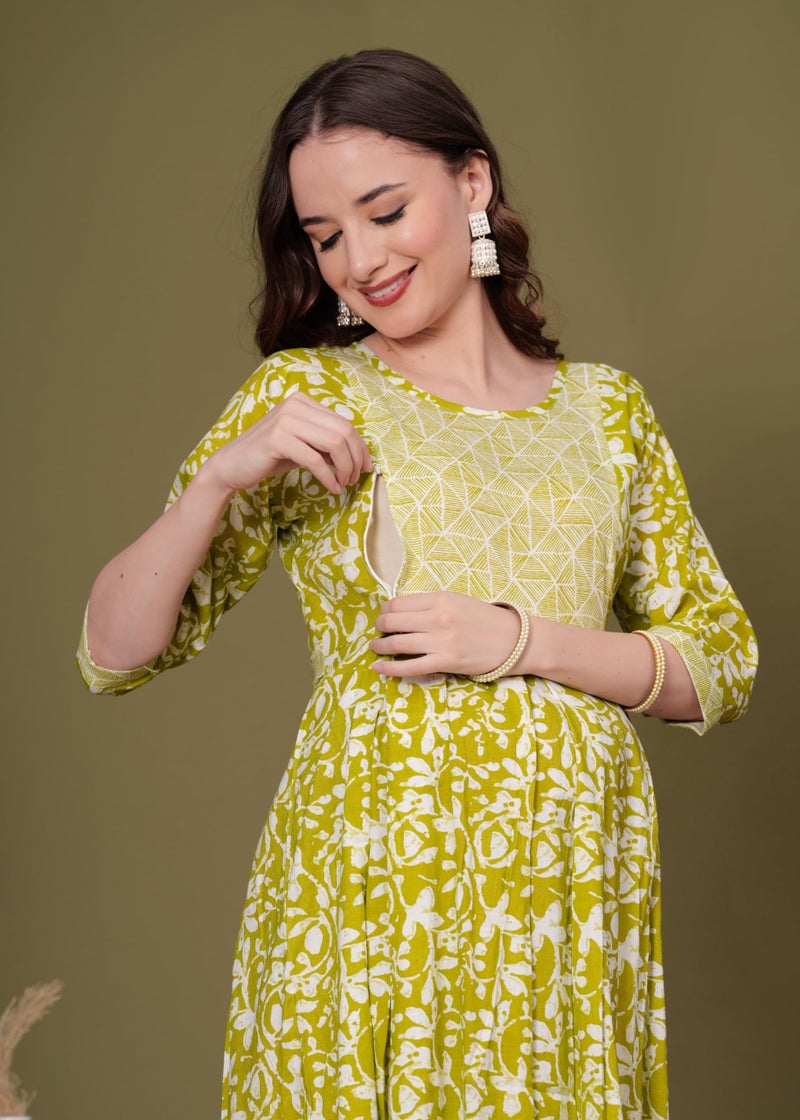 SKY FAB Women Viscose Rayon Maternity and Feeding Dress Kurta with Dupatta and Zipper - Light Green Floral Pattern, 3/4 Sleeves, Comfortable Fit - Image 2