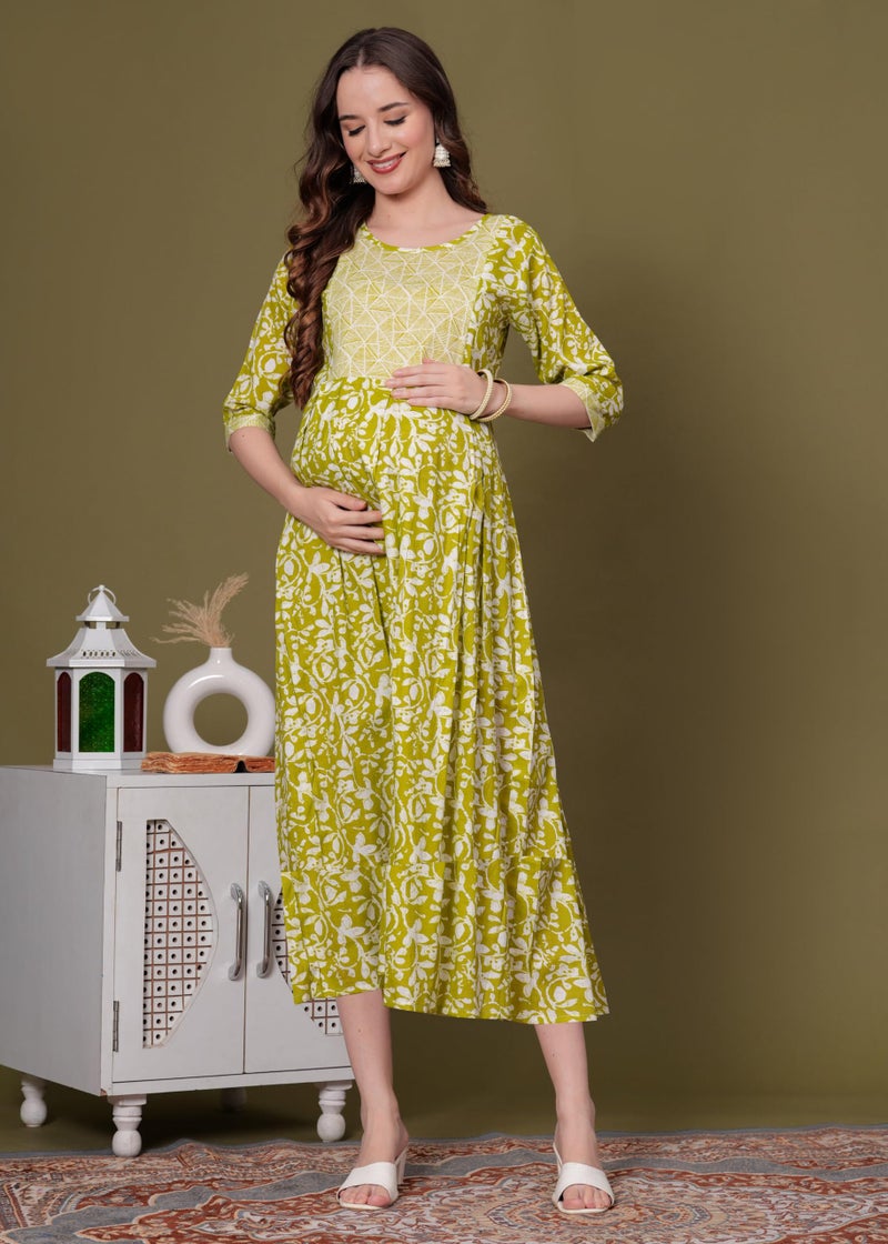SKY FAB Women Viscose Rayon Maternity and Feeding Dress Kurta with Dupatta and Zipper - Light Green Floral Pattern, 3/4 Sleeves, Comfortable Fit - Image 5