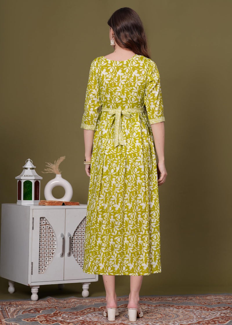 SKY FAB Women Viscose Rayon Maternity and Feeding Dress Kurta with Dupatta and Zipper - Light Green Floral Pattern, 3/4 Sleeves, Comfortable Fit - Image 4