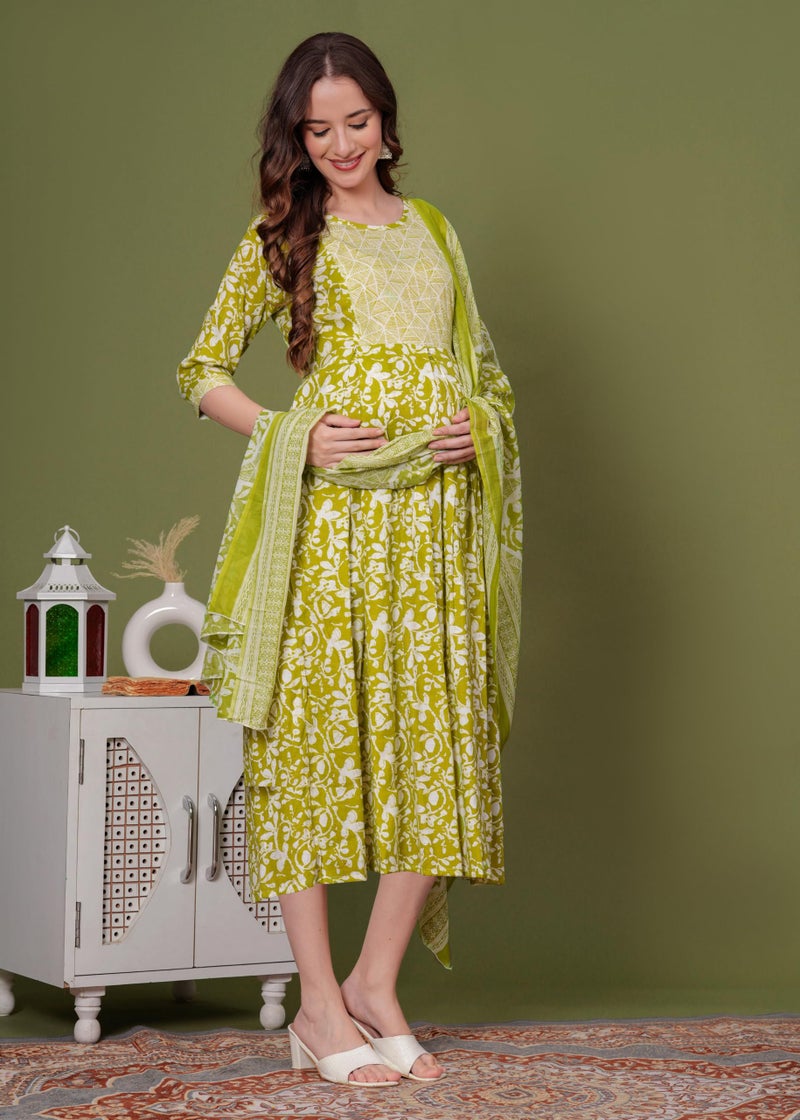 SKY FAB Women Viscose Rayon Maternity and Feeding Dress Kurta with Dupatta and Zipper - Light Green Floral Pattern, 3/4 Sleeves, Comfortable Fit - Image 3