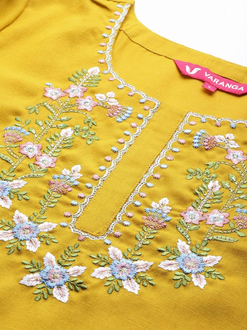 Varanga Women Mustard Yellow Floral Yoke Embroidered Straight Kurta - Image 4