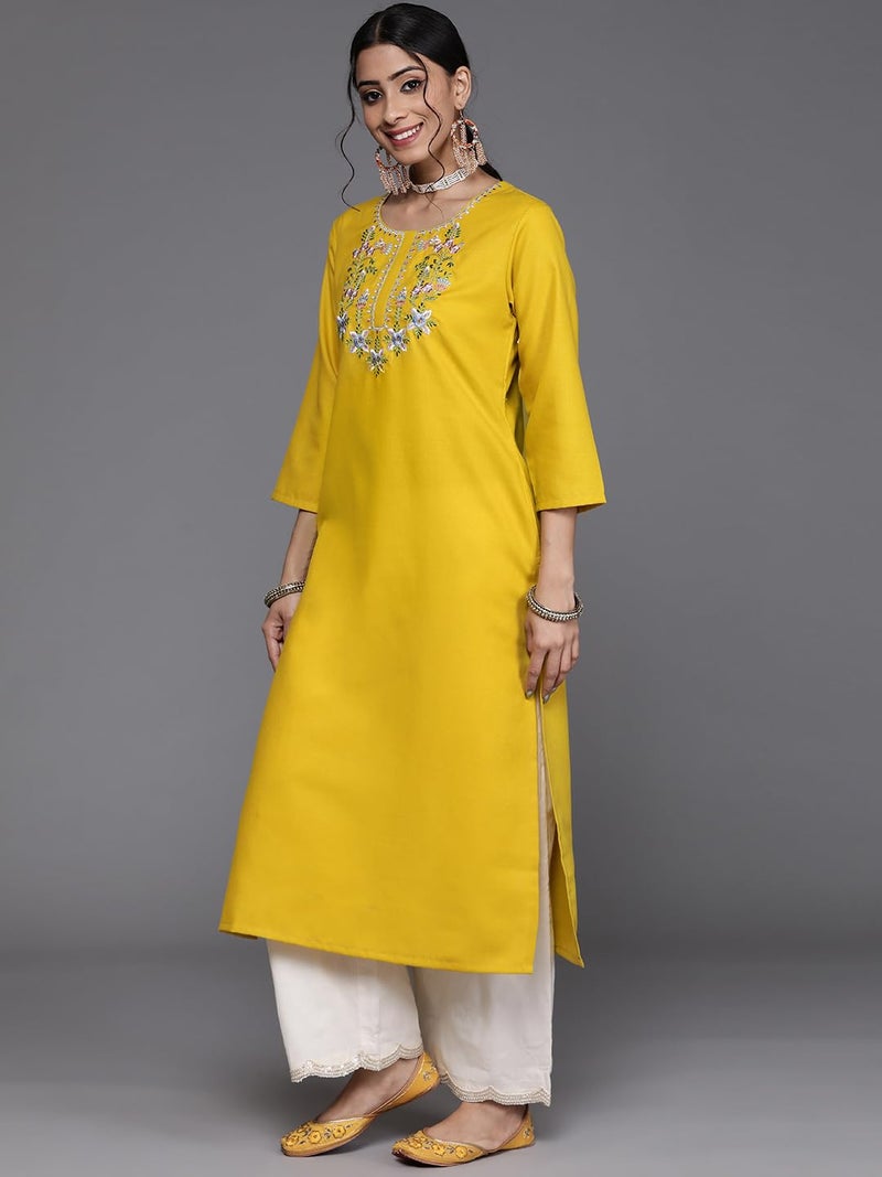 Varanga Women Mustard Yellow Floral Yoke Embroidered Straight Kurta - Image 2