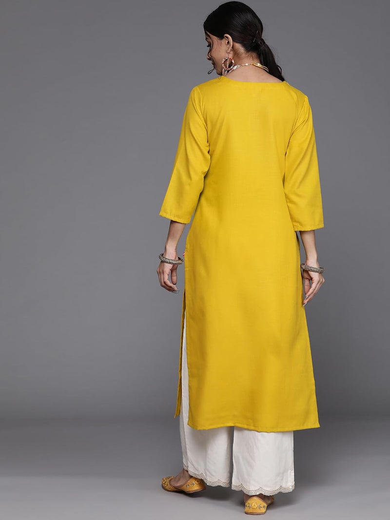 Varanga Women Mustard Yellow Floral Yoke Embroidered Straight Kurta - Image 3