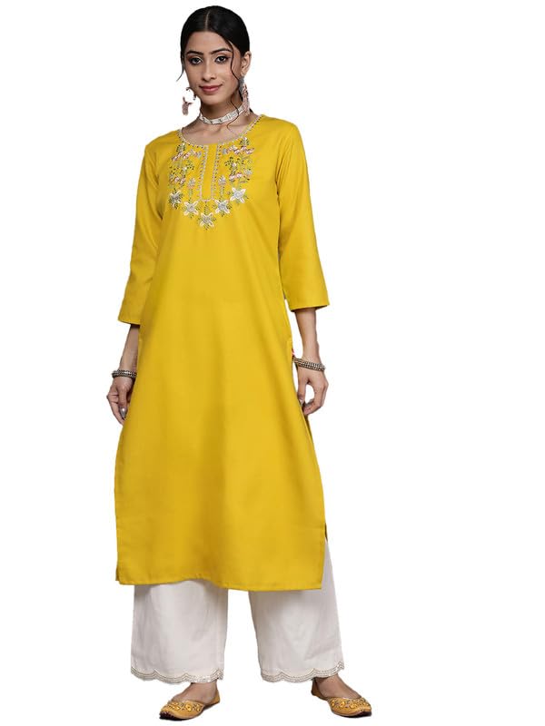 Varanga Women Mustard Yellow Floral Yoke Embroidered Straight Kurta - Image 1