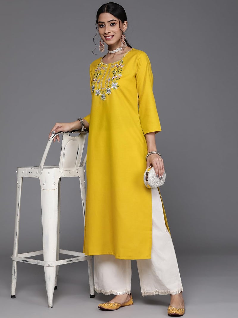Varanga Women Mustard Yellow Floral Yoke Embroidered Straight Kurta - Image 5