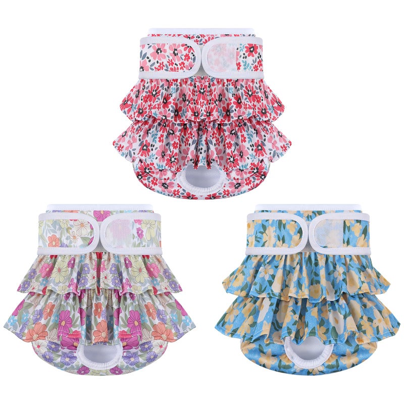 Mengelina Reusable Dog Diapers Female 3 Pack Doggie Diapers for Period Heat Incontinence Puppy Training (X-Small, RedFlower) - Image 1