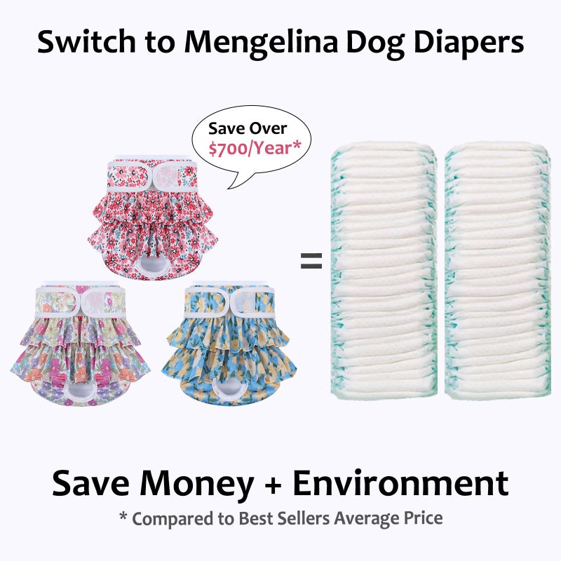 Mengelina Reusable Dog Diapers Female 3 Pack Doggie Diapers for Period Heat Incontinence Puppy Training (X-Small, RedFlower) - Image 3