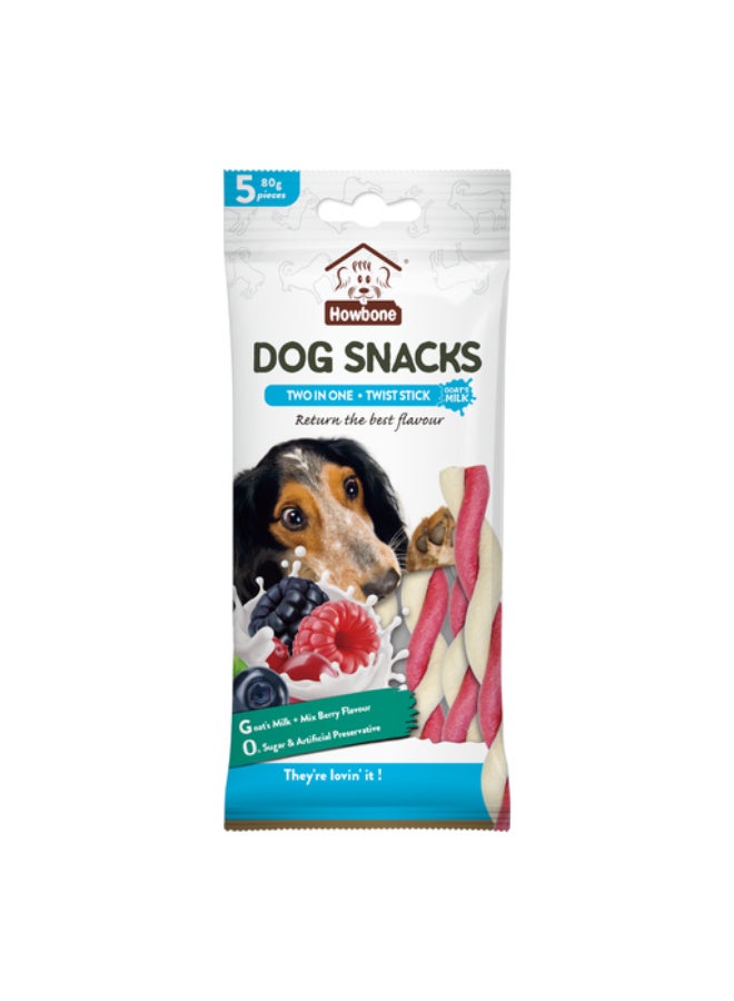 Howbone Two-in-One Twist Stick Dog Snack Goat’s Milk & Mixed Berry – 80g (5pcs) - Image 1