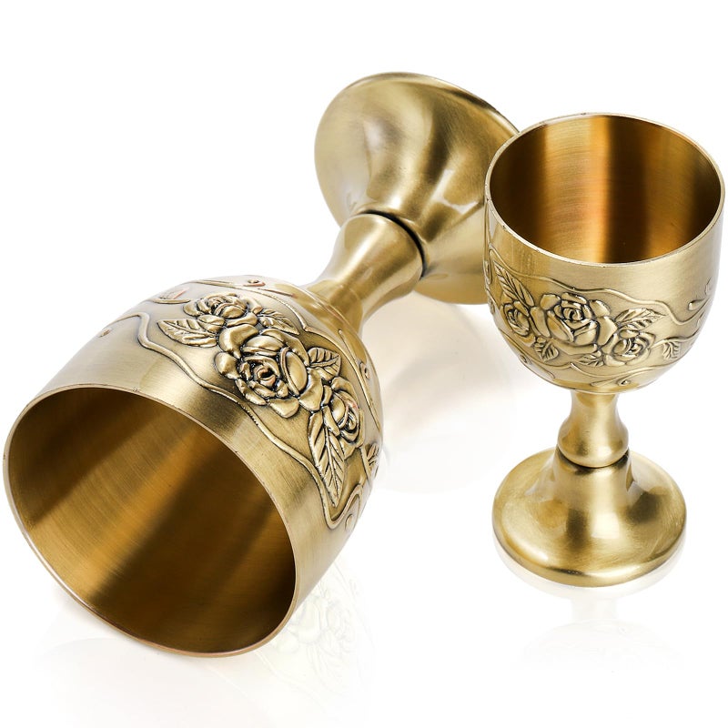DEAYOU 2 Pack Mini Vintage Chalice Goblet, Flower Embossed Gold Communion Cup, Food Safe Sturdy Brass Shot Wine Glass for Liquor, Ritual, Buddha, Altar, Wedding, Blessing, 2 Sizes, 5 OZ/1 OZ - Image 3