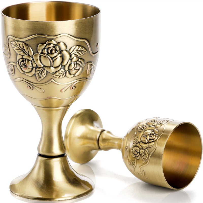 DEAYOU 2 Pack Mini Vintage Chalice Goblet, Flower Embossed Gold Communion Cup, Food Safe Sturdy Brass Shot Wine Glass for Liquor, Ritual, Buddha, Altar, Wedding, Blessing, 2 Sizes, 5 OZ/1 OZ - Image 1