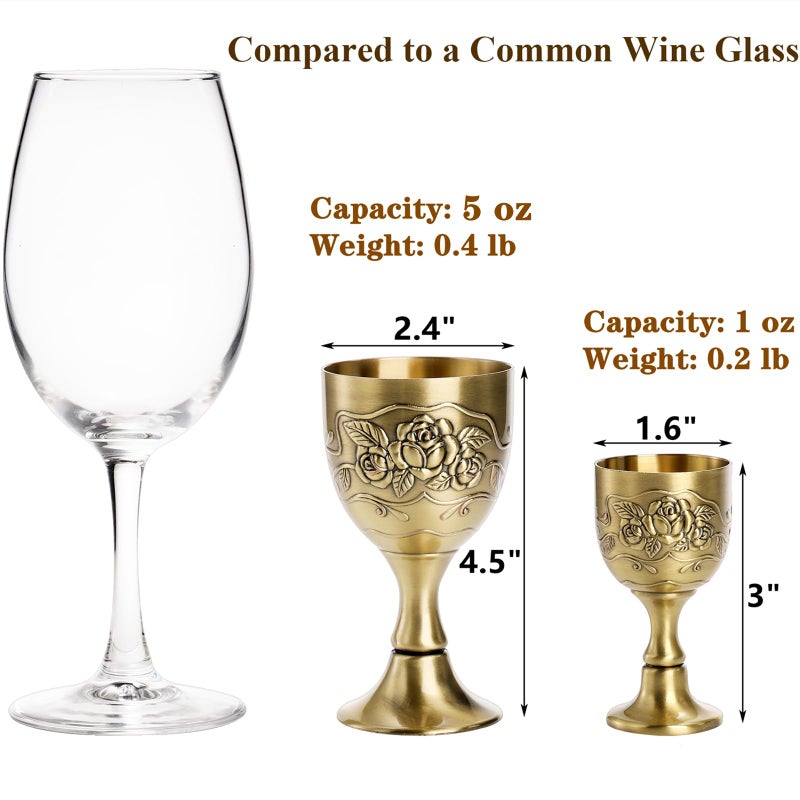 DEAYOU 2 Pack Mini Vintage Chalice Goblet, Flower Embossed Gold Communion Cup, Food Safe Sturdy Brass Shot Wine Glass for Liquor, Ritual, Buddha, Altar, Wedding, Blessing, 2 Sizes, 5 OZ/1 OZ - Image 2