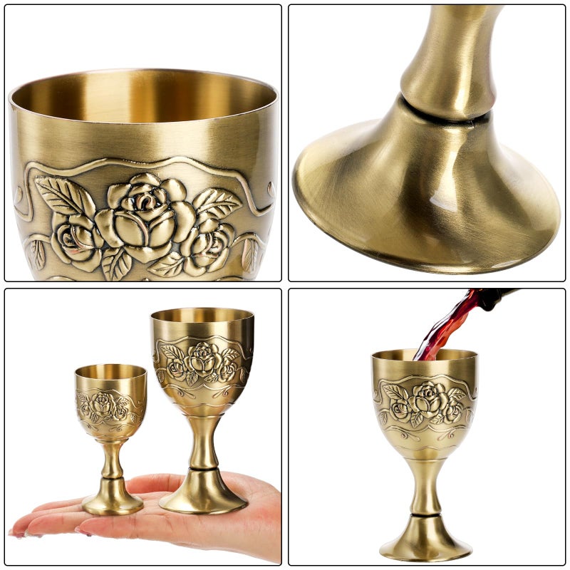 DEAYOU 2 Pack Mini Vintage Chalice Goblet, Flower Embossed Gold Communion Cup, Food Safe Sturdy Brass Shot Wine Glass for Liquor, Ritual, Buddha, Altar, Wedding, Blessing, 2 Sizes, 5 OZ/1 OZ - Image 4