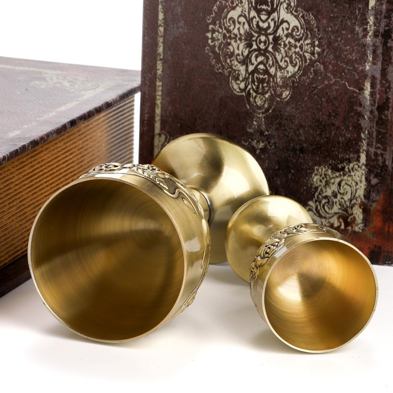DEAYOU 2 Pack Mini Vintage Chalice Goblet, Flower Embossed Gold Communion Cup, Food Safe Sturdy Brass Shot Wine Glass for Liquor, Ritual, Buddha, Altar, Wedding, Blessing, 2 Sizes, 5 OZ/1 OZ - Image 5