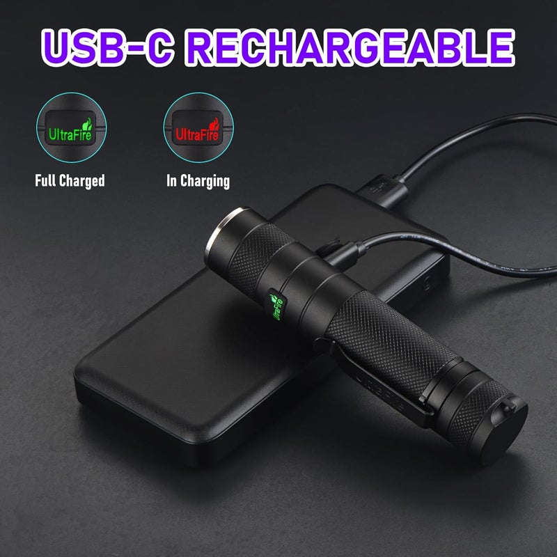 ألترافاير مصباح يدوي بالأشعة فوق البنفسجية 365 نانومتر من ULTRAFIRE، بقوة 10 واط، مع منفذ USB-C، ضوء أسود للكشف عن بول الحيوانات الأليفة، ومعالجة الراتنج، وصيد العقارب، ومصباح الغابة - Image 4