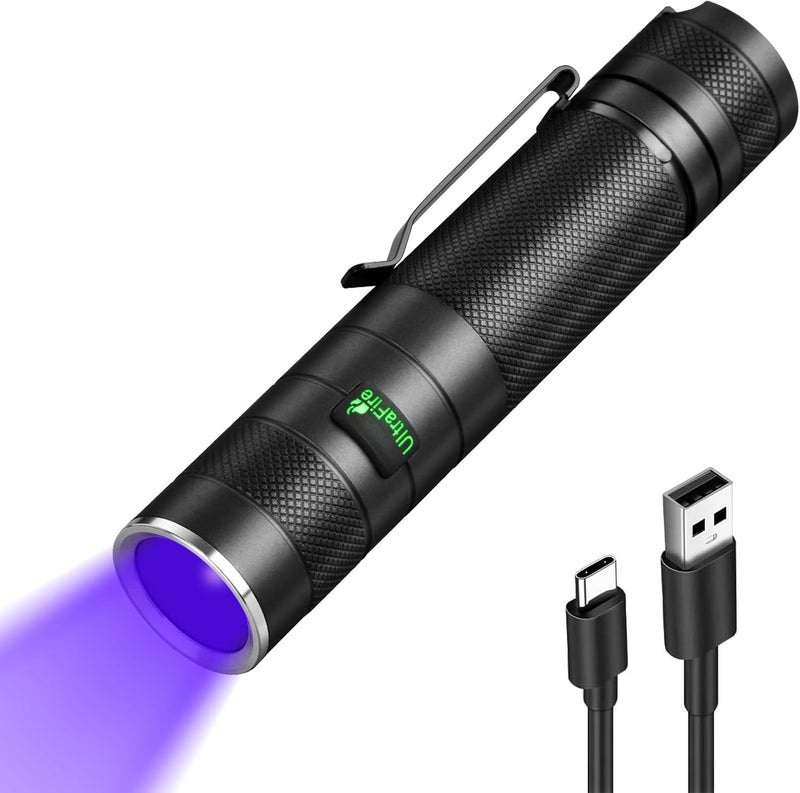 ألترافاير مصباح يدوي بالأشعة فوق البنفسجية 365 نانومتر من ULTRAFIRE، بقوة 10 واط، مع منفذ USB-C، ضوء أسود للكشف عن بول الحيوانات الأليفة، ومعالجة الراتنج، وصيد العقارب، ومصباح الغابة - Image 1