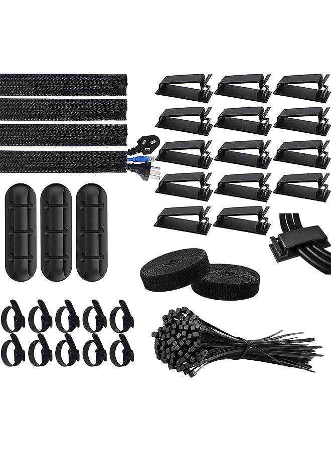 PROMASS 134Pcs Cable Management Kit,4 Tubing Cable Sleeve,3 Silicone Cable Holder,10+2 Roll Cable Organizer Straps,15 Large Cord Clips and 100 Wire Fastening Ties for TV PC under Desk Home Office - Image 1