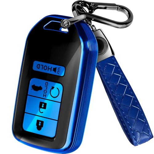 Lucrum Compatible with Honda Key Fob Cover & Leather Keychain - TPU Keyfob Case for Accord Civic CR-V HR-V Pilot Ridgeline Crosstour Fit, For 5 Button Remote (2015-2021) - Blue and Black - Image 1