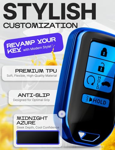 Lucrum Compatible with Honda Key Fob Cover & Leather Keychain - TPU Keyfob Case for Accord Civic CR-V HR-V Pilot Ridgeline Crosstour Fit, For 5 Button Remote (2015-2021) - Blue and Black - Image 3