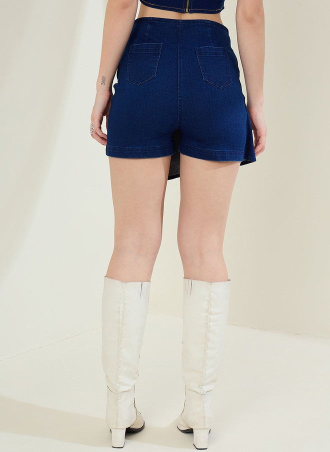 StyleStone Navy Blue Above Knee Denim Skort with Asymmetric Hem - Image 3
