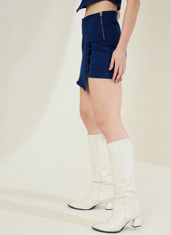StyleStone Navy Blue Above Knee Denim Skort with Asymmetric Hem - Image 2