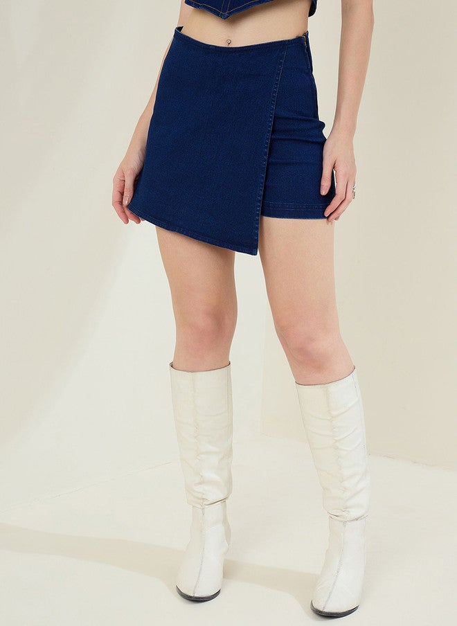 StyleStone Navy Blue Above Knee Denim Skort with Asymmetric Hem - Image 1