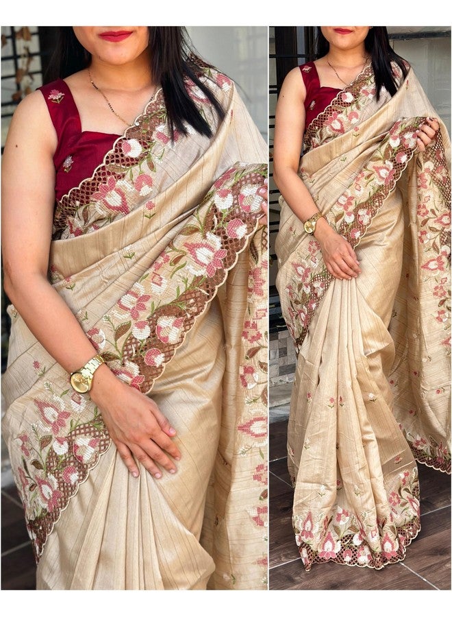 Women's Beautiful Thread and Embroidered Cut Work Slub Silk Saree With Embroidered Blouse (Cream)  - Image 2