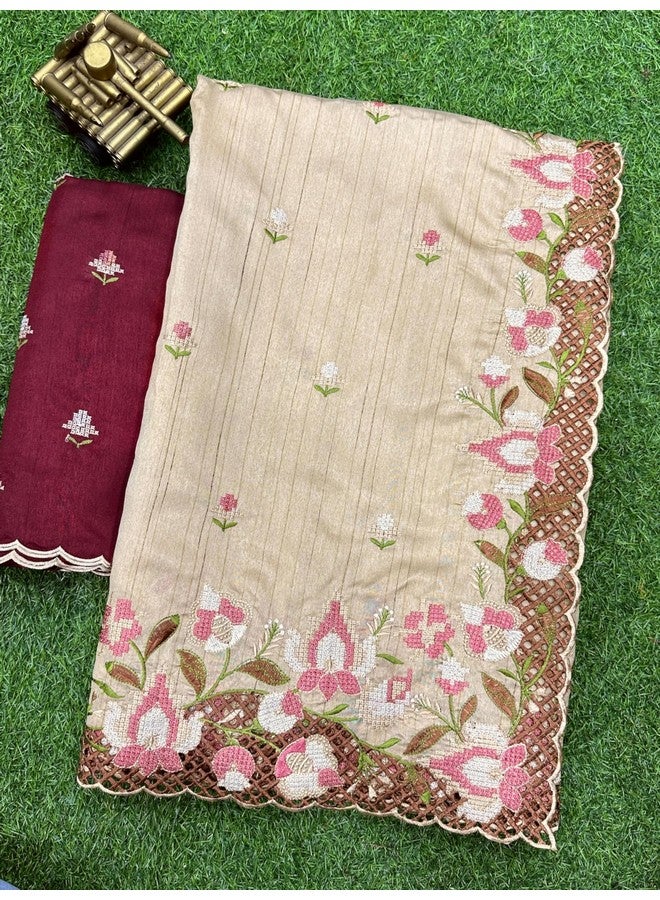 Women's Beautiful Thread and Embroidered Cut Work Slub Silk Saree With Embroidered Blouse (Cream)  - Image 3