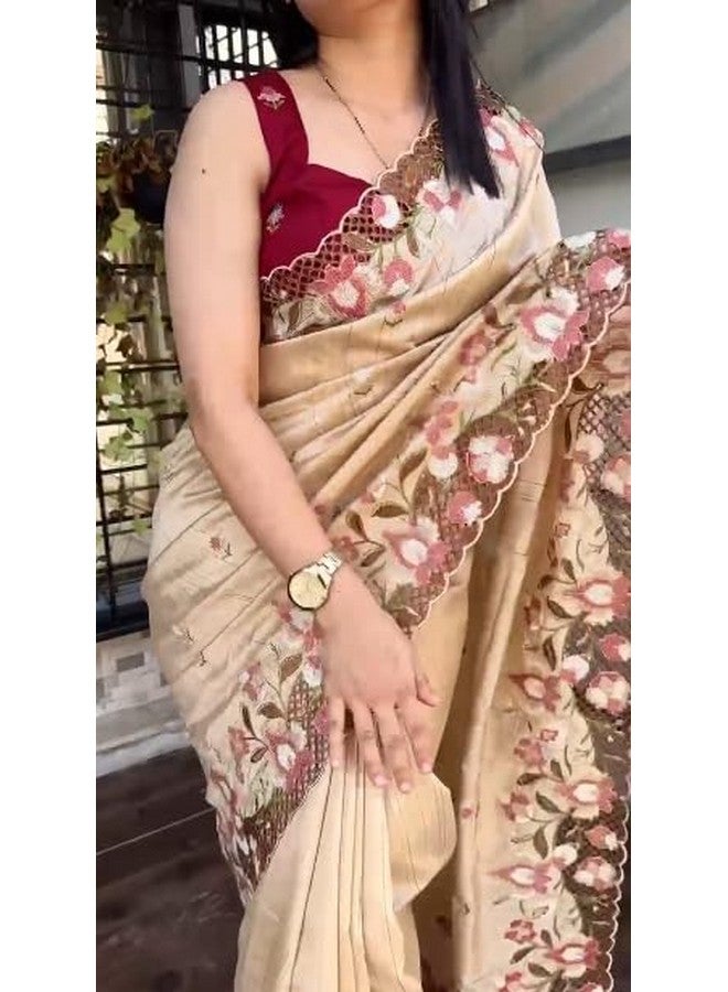 Women's Beautiful Thread and Embroidered Cut Work Slub Silk Saree With Embroidered Blouse (Cream)  - Image 5