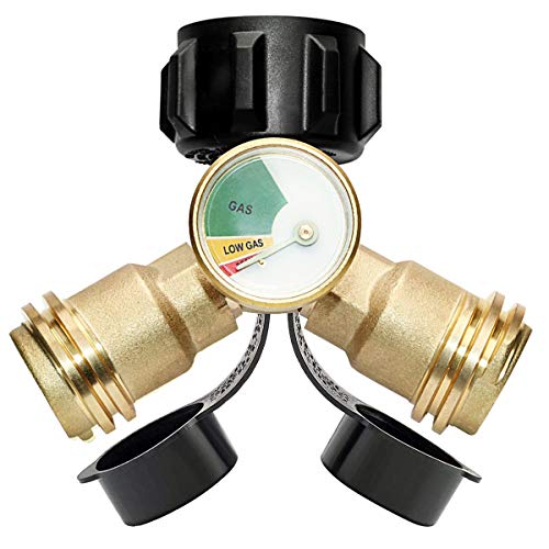DOZYANT Propane Splitter, Propane Tank Y Splitter Adapter with Gauge, 2 Way LP Gas Adapter Tee Connector for 20lb Propane Tank Cylinder, Work with BBQ Grills, Camping Stoves, Gas Burners, Heater - Image 1