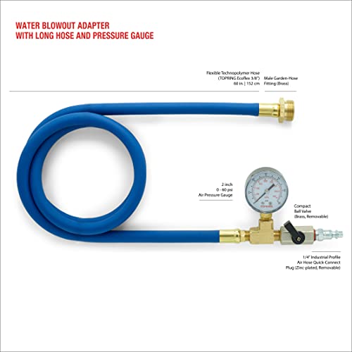 TOPRING Long Hose Air Compressor Water Blow Out Adapter with integrated Pressure Gauge. RV Winterizing Kit with male GHT connector (Blue) - Image 2