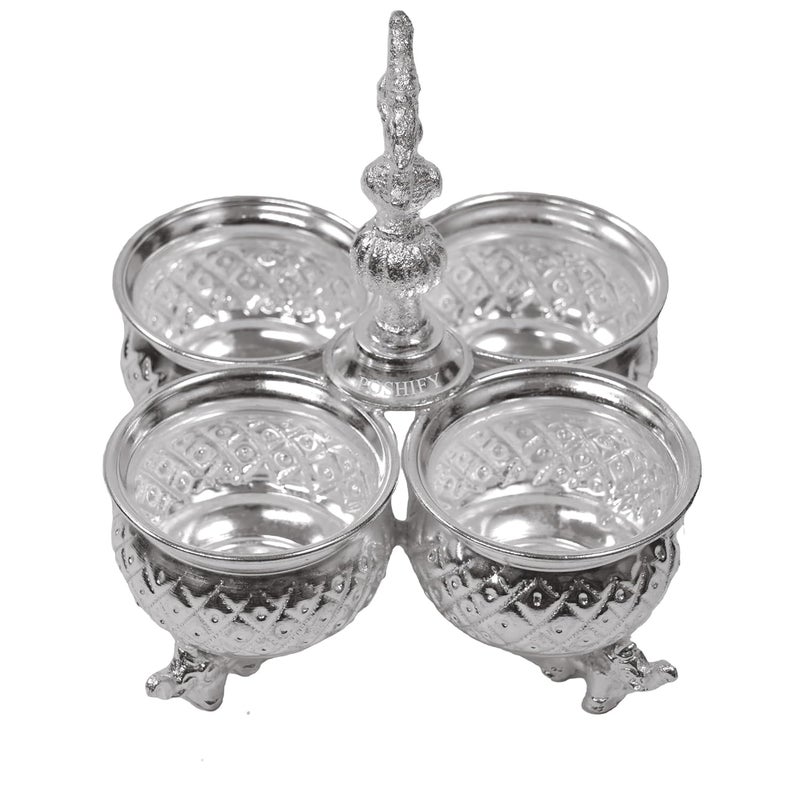 Poshify German Silver KumkumHaldi Holder Four Attached Bowls and Handle SindoorTurmeric Pooja Room Temple Decoration Silverware Puja Samagri Diwali Gift Wedding Gift - Image 1