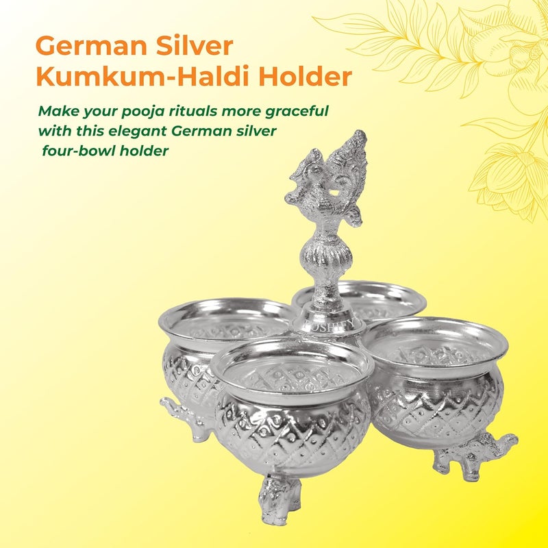 Poshify German Silver KumkumHaldi Holder Four Attached Bowls and Handle SindoorTurmeric Pooja Room Temple Decoration Silverware Puja Samagri Diwali Gift Wedding Gift - Image 3