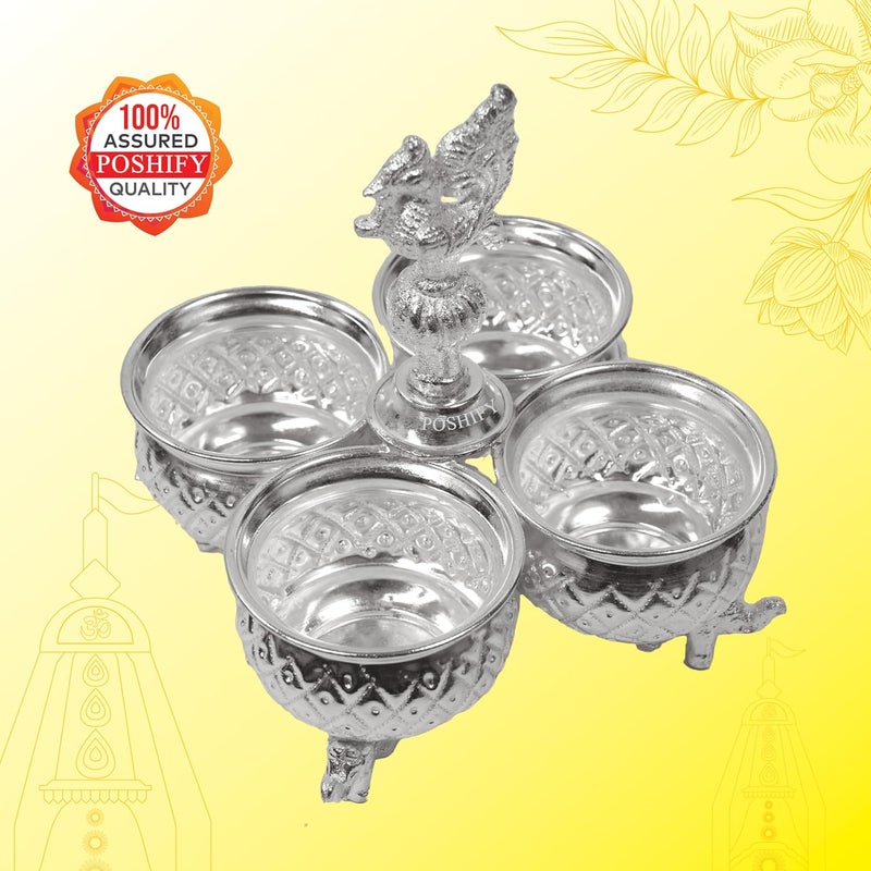 Poshify German Silver KumkumHaldi Holder Four Attached Bowls and Handle SindoorTurmeric Pooja Room Temple Decoration Silverware Puja Samagri Diwali Gift Wedding Gift - Image 5