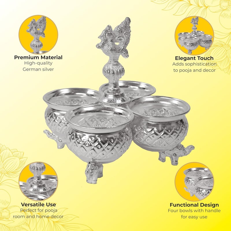 Poshify German Silver KumkumHaldi Holder Four Attached Bowls and Handle SindoorTurmeric Pooja Room Temple Decoration Silverware Puja Samagri Diwali Gift Wedding Gift - Image 4